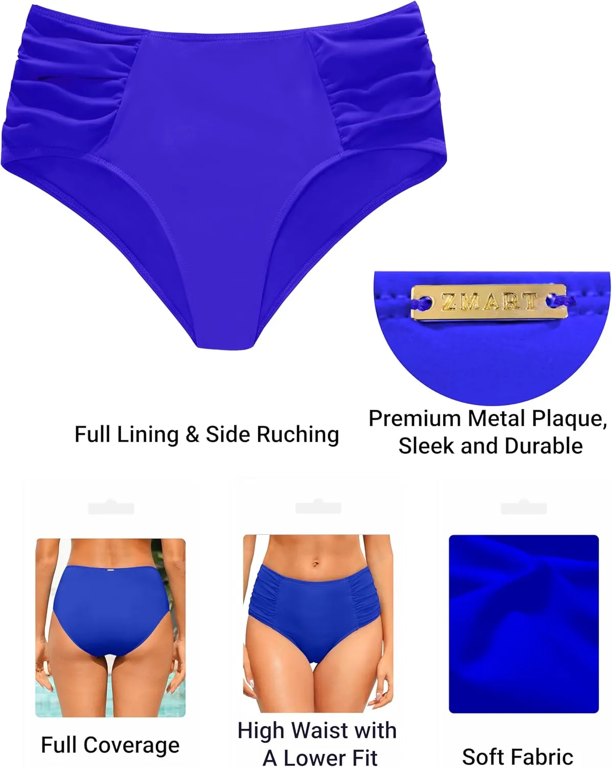Zmart Women High Waist Bikini Bottoms - Full Coverage Ruched Bathing Suit Swim Bottom Swimsuits Swimwear