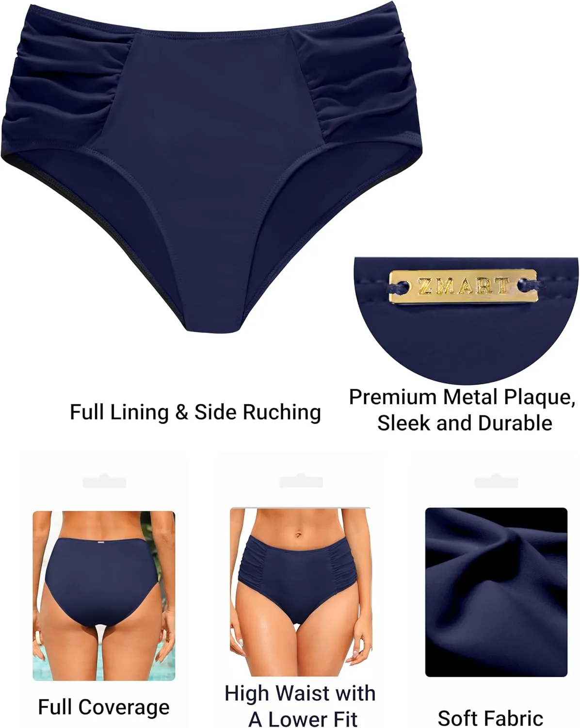 Zmart Women High Waist Bikini Bottoms - Full Coverage Ruched Bathing Suit Swim Bottom Swimsuits Swimwear