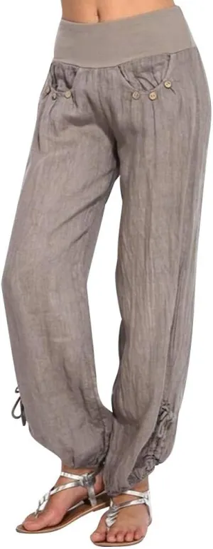 ZYXTIM Womens Casual Cotton Linen Pants Elastic Waisted Smocked Solid Color Summer Beach Yoga Trousers