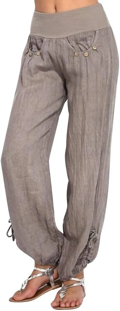 ZYXTIM Womens Casual Cotton Linen Pants Elastic Waisted Smocked Solid Color Summer Beach Yoga Trousers
